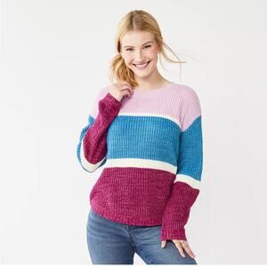 NEW SO Kohl’s Juniors Pink Blue Striped Shirttail Hem Sweater Size Large